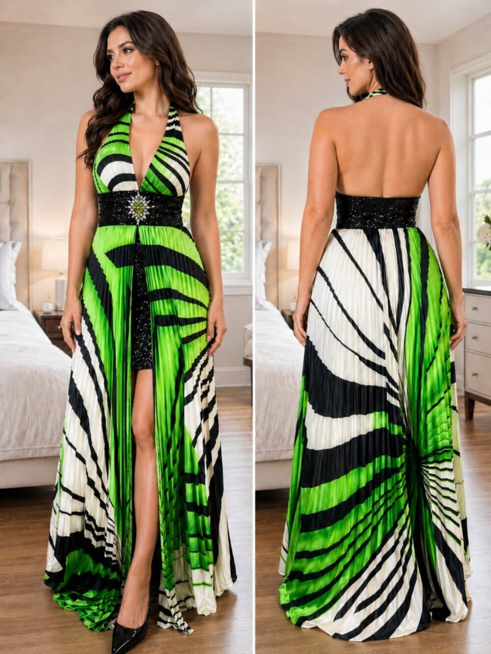 NWT Karishma Green Black Halter Formal Gown $150